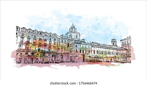 Building view with landmark of Turin is a city and an important business and cultural center in northern Italy. Watercolor splash with Hand drawn sketch illustration in vector.