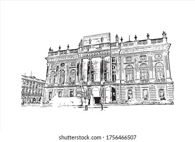 Building view with landmark of Turin is a city and an important business and cultural center in northern Italy. Hand drawn sketch illustration in vector.