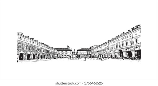 Building view with landmark of Turin is a city and an important business and cultural center in northern Italy. Hand drawn sketch illustration in vector.