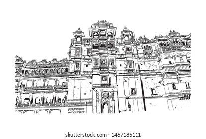 Building view with landmark of Udaipur, formerly the capital of the Mewar Kingdom, is a city in the western Indian state of Rajasthan. Hand drawn sketch illustration in vector.