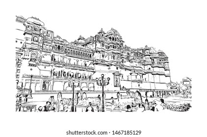 Building view with landmark of Udaipur, formerly the capital of the Mewar Kingdom, is a city in the western Indian state of Rajasthan. Hand drawn sketch illustration in vector.