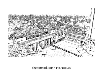 Building view with landmark of Udaipur, formerly the capital of the Mewar Kingdom, is a city in the western Indian state of Rajasthan. Hand drawn sketch illustration in vector.