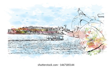 Vista do edifício com marco de Udaipur, anteriormente a capital do Reino de Mewar, é uma cidade no estado indiano ocidental de Rajasthan. Mancha de aquarela com ilustração de esboço desenhado à mão em vetor.