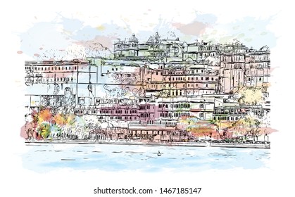 Building view with landmark of Udaipur, formerly the capital of the Mewar Kingdom, is a city in the western Indian state of Rajasthan. Watercolor splash with Hand drawn sketch illustration in vector.
