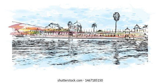 Building view with landmark of Udaipur, formerly the capital of the Mewar Kingdom, is a city in the western Indian state of Rajasthan. Watercolor splash with Hand drawn sketch illustration in vector.