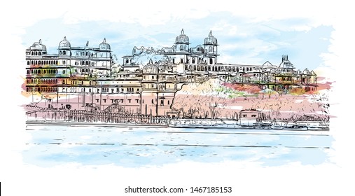 Building view with landmark of Udaipur, formerly the capital of the Mewar Kingdom, is a city in the western Indian state of Rajasthan. Watercolor splash with Hand drawn sketch illustration in vector.