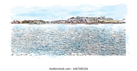 Building view with landmark of Udaipur, formerly the capital of the Mewar Kingdom, is a city in the western Indian state of Rajasthan. Watercolor splash with Hand drawn sketch illustration in vector.