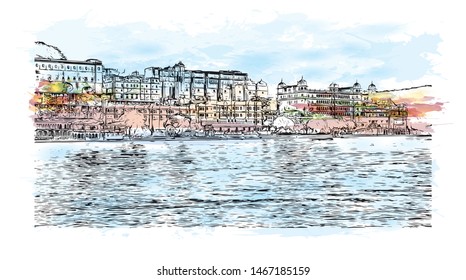 Building view with landmark of Udaipur, formerly the capital of the Mewar Kingdom, is a city in the western Indian state of Rajasthan. Watercolor splash with Hand drawn sketch illustration in vector.