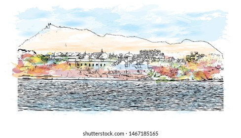 Building view with landmark of Udaipur, formerly the capital of the Mewar Kingdom, is a city in the western Indian state of Rajasthan. Watercolor splash with Hand drawn sketch illustration in vector.