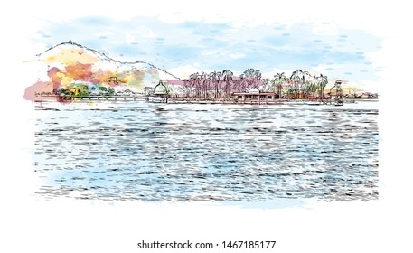 Building view with landmark of Udaipur, formerly the capital of the Mewar Kingdom, is a city in the western Indian state of Rajasthan. Watercolor splash with Hand drawn sketch illustration in vector.