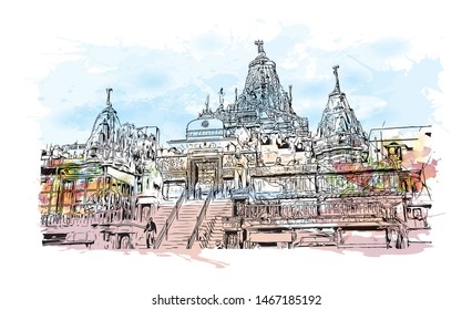 Building view with landmark of Udaipur, formerly the capital of the Mewar Kingdom, is a city in the western Indian state of Rajasthan. Watercolor splash with Hand drawn sketch illustration in vector.