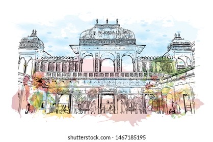 Building view with landmark of Udaipur, formerly the capital of the Mewar Kingdom, is a city in the western Indian state of Rajasthan. Watercolor splash with Hand drawn sketch illustration in vector.