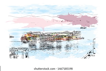Building view with landmark of Udaipur, formerly the capital of the Mewar Kingdom, is a city in the western Indian state of Rajasthan. Watercolor splash with Hand drawn sketch illustration in vector.