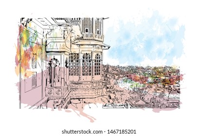 Building view with landmark of Udaipur, formerly the capital of the Mewar Kingdom, is a city in the western Indian state of Rajasthan. Watercolor splash with Hand drawn sketch illustration in vector.
