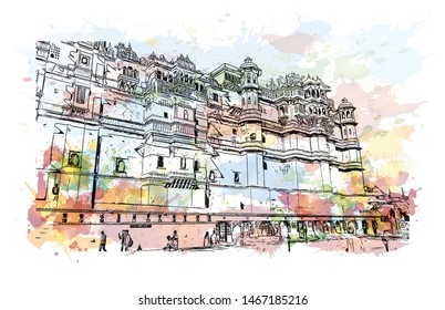 Building view with landmark of Udaipur, formerly the capital of the Mewar Kingdom, is a city in the western Indian state of Rajasthan. Watercolor splash with Hand drawn sketch illustration in vector.