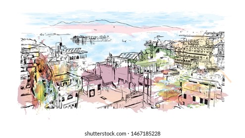 Building view with landmark of Udaipur, formerly the capital of the Mewar Kingdom, is a city in the western Indian state of Rajasthan. Watercolor splash with Hand drawn sketch illustration in vector.