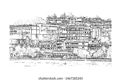 Building view with landmark of Udaipur, formerly the capital of the Mewar Kingdom, is a city in the western Indian state of Rajasthan. Hand drawn sketch illustration in vector.