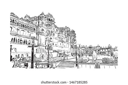 Building view with landmark of Udaipur, formerly the capital of the Mewar Kingdom, is a city in the western Indian state of Rajasthan. Hand drawn sketch illustration in vector.