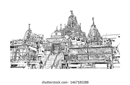 Building view with landmark of Udaipur, formerly the capital of the Mewar Kingdom, is a city in the western Indian state of Rajasthan. Hand drawn sketch illustration in vector.