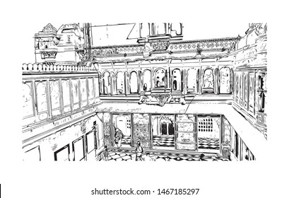 Building view with landmark of Udaipur, formerly the capital of the Mewar Kingdom, is a city in the western Indian state of Rajasthan. Hand drawn sketch illustration in vector.