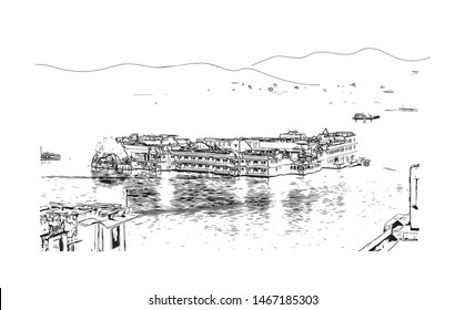 Building view with landmark of Udaipur, formerly the capital of the Mewar Kingdom, is a city in the western Indian state of Rajasthan. Hand drawn sketch illustration in vector.