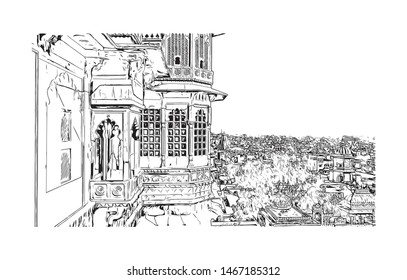 Building view with landmark of Udaipur, formerly the capital of the Mewar Kingdom, is a city in the western Indian state of Rajasthan. Hand drawn sketch illustration in vector.
