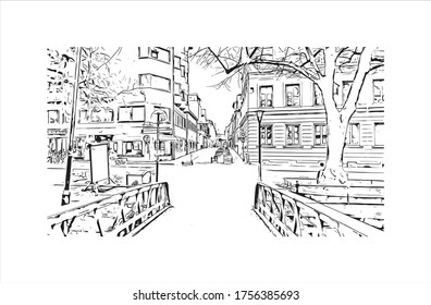 Building view with landmark of Uppsala is a city near Stockholm, in Sweden. Hand drawn sketch illustration in vector.