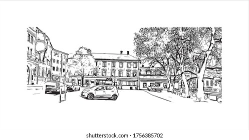Building view with landmark of Uppsala is a city near Stockholm, in Sweden. Hand drawn sketch illustration in vector.