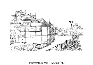 Building view with landmark of Uppsala is a city near Stockholm, in Sweden. Hand drawn sketch illustration in vector.