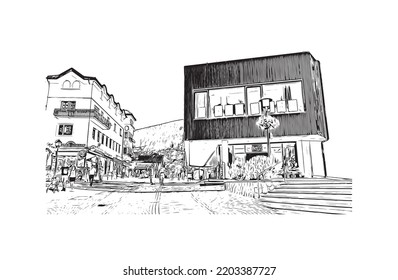 Building view with landmark of Urtijei is the 
town in Italy. Hand drawn sketch illustration in vector.