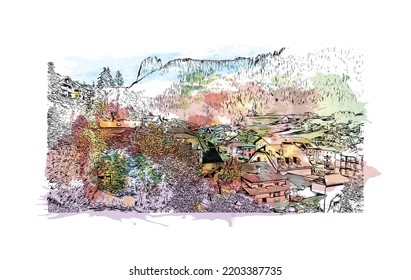 La vista de construcción con el punto de referencia de Urtijei es 
ciudad de Italia. Salto de color de agua con ilustración de esbozo dibujada a mano en vector.