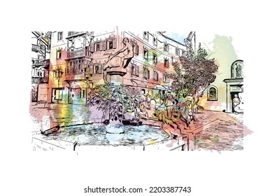 La vista de construcción con el punto de referencia de Urtijei es 
ciudad de Italia. Salto de color de agua con ilustración de esbozo dibujada a mano en vector.