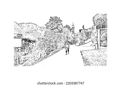 Building view with landmark of Urtijei is the 
town in Italy. Hand drawn sketch illustration in vector.