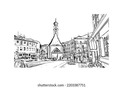 La vista de construcción con el punto de referencia de Urtijei es 
ciudad de Italia. Dibujo a mano de ilustración de esbozo en vector.