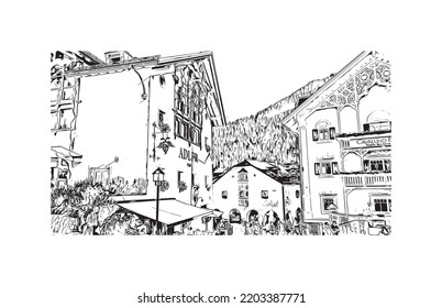 Building view with landmark of Urtijei is the 
town in Italy. Hand drawn sketch illustration in vector.