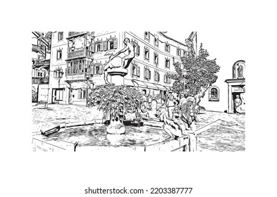 Building view with landmark of Urtijei is the 
town in Italy. Hand drawn sketch illustration in vector.