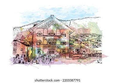 Building view with landmark of Urtijei is the 
town in Italy. Watercolor splash with hand drawn sketch illustration in vector.