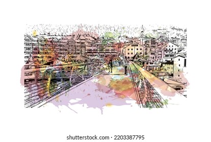 La vista de construcción con el punto de referencia de Urtijei es 
ciudad de Italia. Salto de color de agua con ilustración de esbozo dibujada a mano en vector.