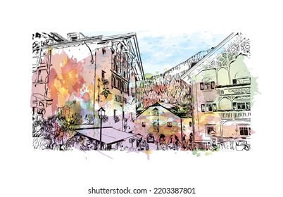 Building view with landmark of Urtijei is the 
town in Italy. Watercolor splash with hand drawn sketch illustration in vector.