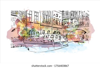 Building view with landmark of Utrecht is a city in the central Netherlands that has been a religious center for centuries. Watercolor splash with Hand drawn sketch illustration in vector.