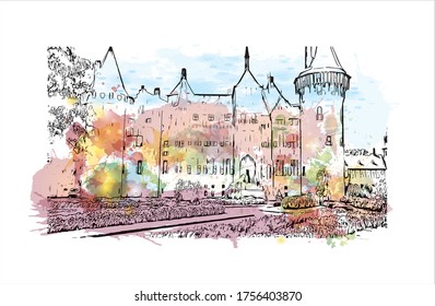 Building view with landmark of Utrecht is a city in the central Netherlands that has been a religious center for centuries. Watercolor splash with Hand drawn sketch illustration in vector.