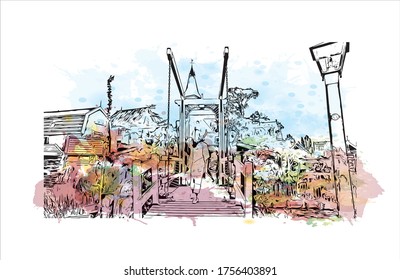 Building view with landmark of Utrecht is a city in the central Netherlands that has been a religious center for centuries. Watercolor splash with Hand drawn sketch illustration in vector.