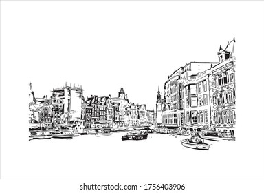 Building view with landmark of Utrecht is a city in the central Netherlands that has been a religious center for centuries. Hand drawn sketch illustration in vector.