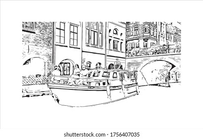 building view with landmark of Utrecht is a city in the central Netherlands that has been a religious center for centuries. Hand drawn sketch illustration in vector.