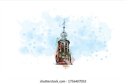 el edificio con el punto de referencia de Utrecht es una ciudad en el centro de Holanda que ha sido un centro religioso durante siglos. Salto de color de agua con ilustración de esbozo dibujada a mano en vector.