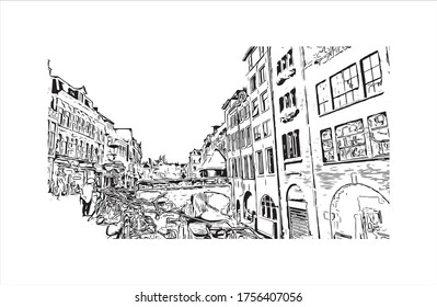 building view with landmark of Utrecht is a city in the central Netherlands that has been a religious center for centuries. Hand drawn sketch illustration in vector.