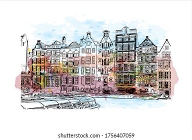 building view with landmark of Utrecht is a city in the central Netherlands that has been a religious center for centuries. Watercolor splash with Hand drawn sketch illustration in vector.