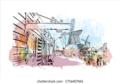 building view with landmark of Utrecht is a city in the central Netherlands that has been a religious center for centuries. Watercolor splash with Hand drawn sketch illustration in vector.