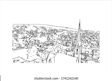 Building view with landmark of Vaduz, the capital of Liechtenstein, sits on the Rhine River near the Swiss border. Hand drawn sketch illustration in vector.