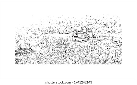 Building view with landmark of Vaduz, the capital of Liechtenstein, sits on the Rhine River near the Swiss border. Hand drawn sketch illustration in vector.